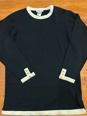 Talbots Black Knit Sweater with Cream Trim and Gold Button Accented Sleeves